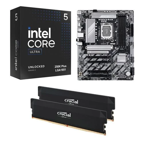 Kit para PC: Procesador Intel Core Ultra 5 250K Plus + Tarjeta Madre Gigabyte B860 DS3H WiFi6E 1851 + Memoria RAM Crucial Pro 32GB DDR5-6400 Kit