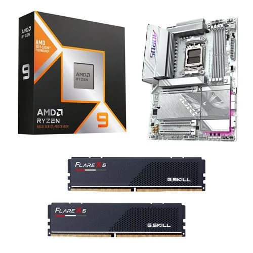 Kit para PC: Procesador AMD Ryzen 9 9950X3D + Tarjeta Madre Gigabyte X870E Aorus Elite Ice WiFi7 AM5 + Memoria RAM G.Skill Flare X5 Series 32GB DDR5-6000 Kit