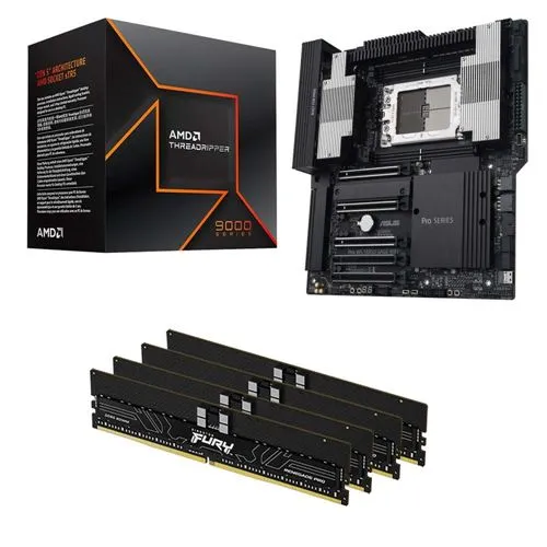 Kit para PC: Procesador AMD Ryzen Threadripper 9970X + Tarjeta Madre ASUS TRX50 SAGE Pro WS WiFi A CEB + Memoria RAM Kingston Fury Renegade Pro 128GB DDR5-5600 ECC Registered Kit