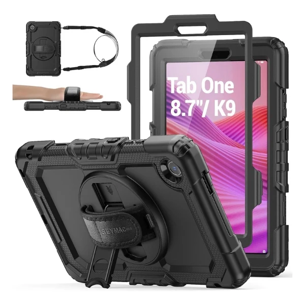 Case Protector SEYMAC stock para Lenovo Tab One / Tab K9 TB305FU 8.7" - Base 360° - Correa - Porta Lápiz - Negro