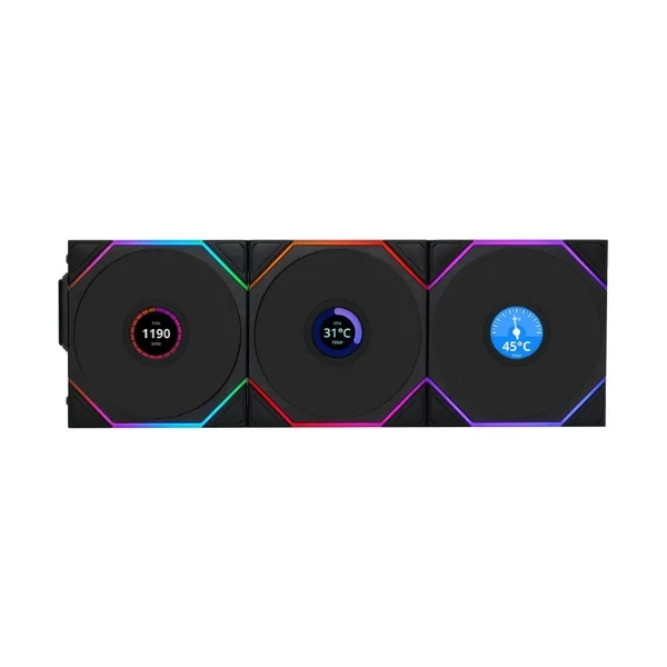 Fan Cooler Lian Li UNI FAN TL120 V2 LCD Reverse Blade Wireless Fluid Dynamic Bearing 120mm - Negro - RGB - 3 Pack