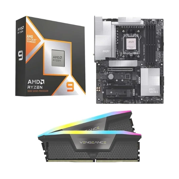 Kit para PC: Procesador AMD Ryzen 9 9950X3D 16 Núcleos 4.3GHz 128MB Cache + Tarjeta Madre MSI X870E-P Pro WiFi Socket AM5 DDR5 ATX + Memoria RAM Corsair Vengeance RGB 32 GB DDR5-6000 Black