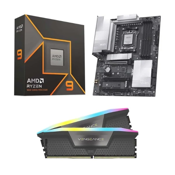 Kit para PC: Procesador AMD Ryzen 9 9900X 12 Núcleos 4.4GHz 64MB Cache + Tarjeta Madre MSI X870E-P Pro WiFi Socket AM5 DDR5 ATX + Memoria RAM Corsair Vengeance RGB 32 GB DDR5-6000 Black