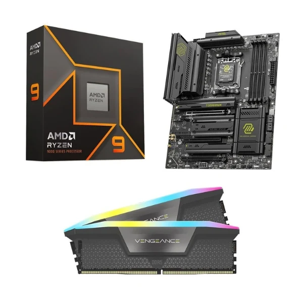 Kit para PC: Procesador AMD Ryzen 9 9900X 12 Núcleos 4.4GHz 64MB Cache + Tarjeta Madre MSI X870E MAG Tomahawk WiFi Socket AM5 DDR5 ATX + Memoria RAM Corsair Vengeance RGB 32 GB DDR5-6000 Black