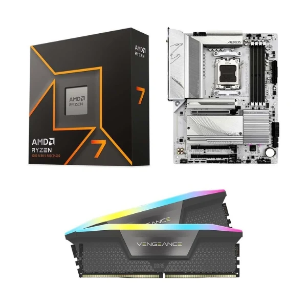 Kit para PC: Procesador AMD Ryzen 7 9700X 8 Núcleos 3.8GHz 32MB Cache + Tarjeta Madre Gigabyte B650 Aorus Elite AX Ice AM5 + Memoria RAM Corsair Vengeance RGB 32GB DDR5-6000