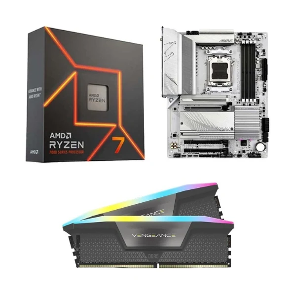 Kit para PC: Procesador AMD Ryzen 7 7700X 8 Núcleos 4.5GHz 32MB Cache + Tarjeta Madre Gigabyte B650 Aorus Elite AX Ice AM5 DDR5 ATX + Memoria RAM Corsair Vengeance RGB 32GB DDR5-6000 White