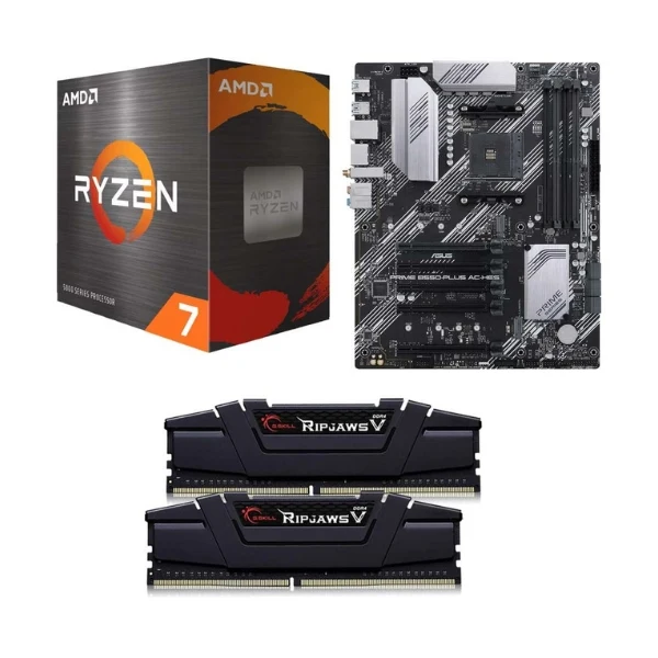Kit para PC: Procesador AMD Ryzen 7 5800XT 8 Núcleos 3.8GHz 32MB Cache + Tarjeta Madre ASUS B550 Plus Prime AC-HES Socket AMD AM4 DDR4 ATX + Memoria RAM G.Skill Ripjaws V 16 GB DDR4-3200 Black