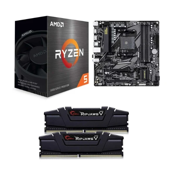 Kit para PC: Procesador AMD Ryzen 5 5500 6 Núcleos 3.6GHz 16MB Cache + Tarjeta Madre GIGABYTE B550M DS3H AC R2 Socket AMD AM4 DDR4 Micro-ATX + Memoria RAM G.Skill Ripjaws V 16 GB DDR4-3200 Black