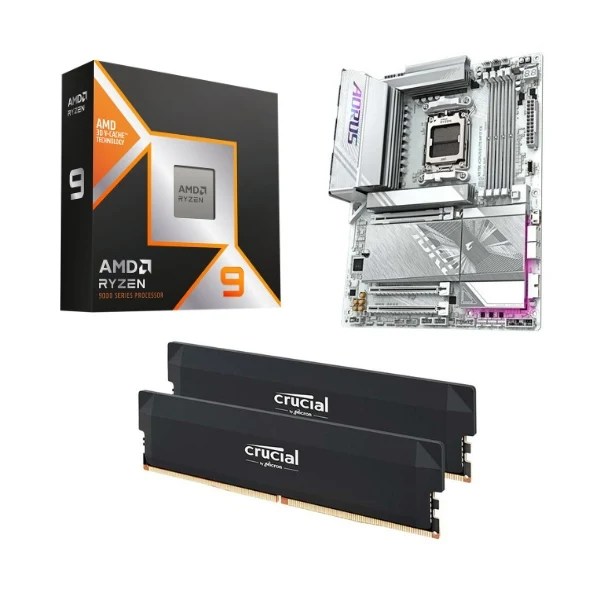 Kit para PC: Procesador AMD Ryzen 9 9950X3D 16 Núcleos 4.3GHz 128MB Cache + Tarjeta Madre GIGABYTE X870E Aorus Elite ICE WiFi7 Socket AM5 DDR5 ATX + Memoria RAM 32 GB DDR5 (Crucial)
