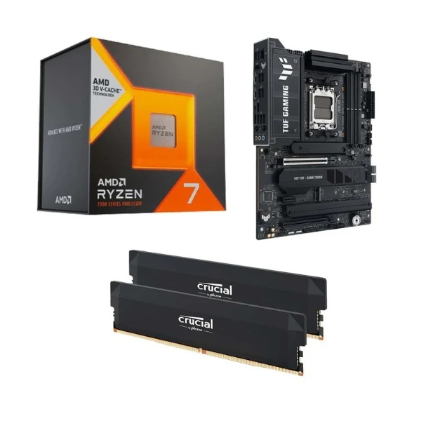 Kit para PC: Procesador AMD Ryzen 7 7800X3D 8 Núcleos 4.2GHz 96MB Cache + Tarjeta Madre ASUS X870E Plus TUF Gaming WiFi Socket AM5 DDR5 ATX + Memoria RAM 32 GB DDR5 (Crucial)