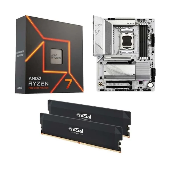 Kit para PC: Procesador AMD Ryzen 7 7700X 8 Núcleos 4.5GHz 32MB Cache + Tarjeta Madre GIGABYTE B650 Aorus Elite AX Ice Socket AM5 DDR5 ATX + Memoria RAM 32 GB DDR5 (Crucial)