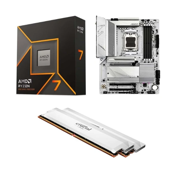 Kit para PC: Procesador AMD Ryzen 7 9700X 8 Núcleos 3.8GHz 32MB Cache + Tarjeta Madre GIGABYTE B650 Aorus Elite AX ICE Socket AM5 DDR5 ATX + Memoria RAM Crucial Pro Overclocking 32 GB DDR5-6000 White