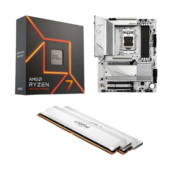 Kit para PC: Procesador AMD Ryzen 7 7700X 8 Núcleos 4.5GHz 32MB Cache + Tarjeta Madre GIGABYTE B650 Aorus Elite AX ICE Socket AM5 DDR5 ATX + Memoria RAM Crucial Pro Overclocking 32 GB DDR5-6000 White